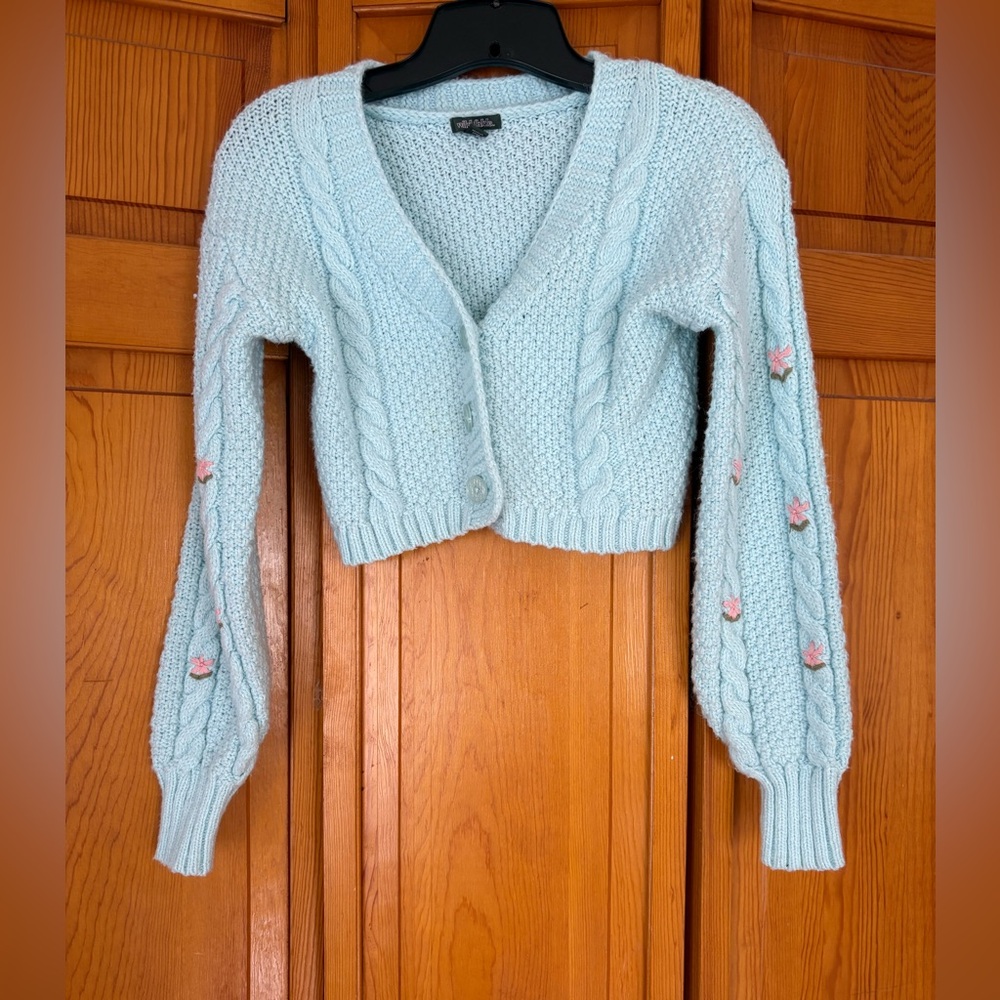 Wild Fable Cropped Cable Knit Cardigan in Light Blue with Pink Floral Accents